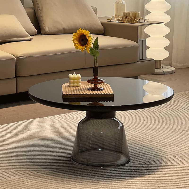 Small Size Modern Round Black Glass Coffee Table - Pedestal Base, Non-Upholstered - image 9