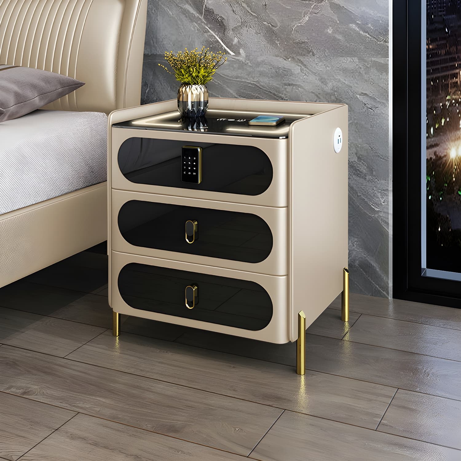 Ornate Bedside Cabinet Made from Solid Wood Shape in Rectangular for Bedroom