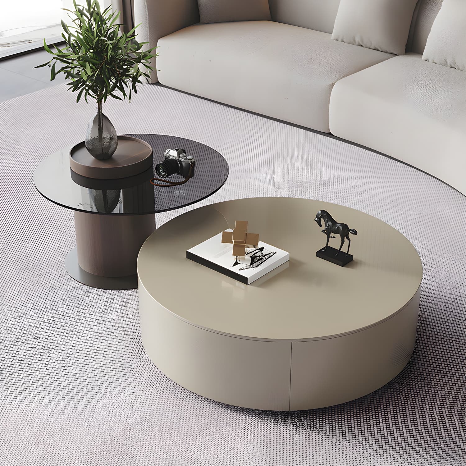 11"H Contemporary Coffee Table Round Coffee Cocktail Table with Drawer - image 4