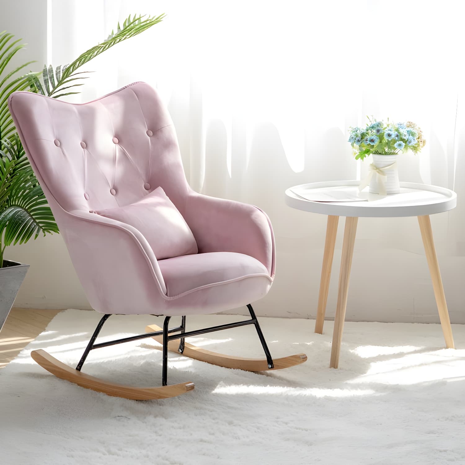 Scandinavian Rocking Chair with Wing Back and Wood Legs, Pillow Included - image 10