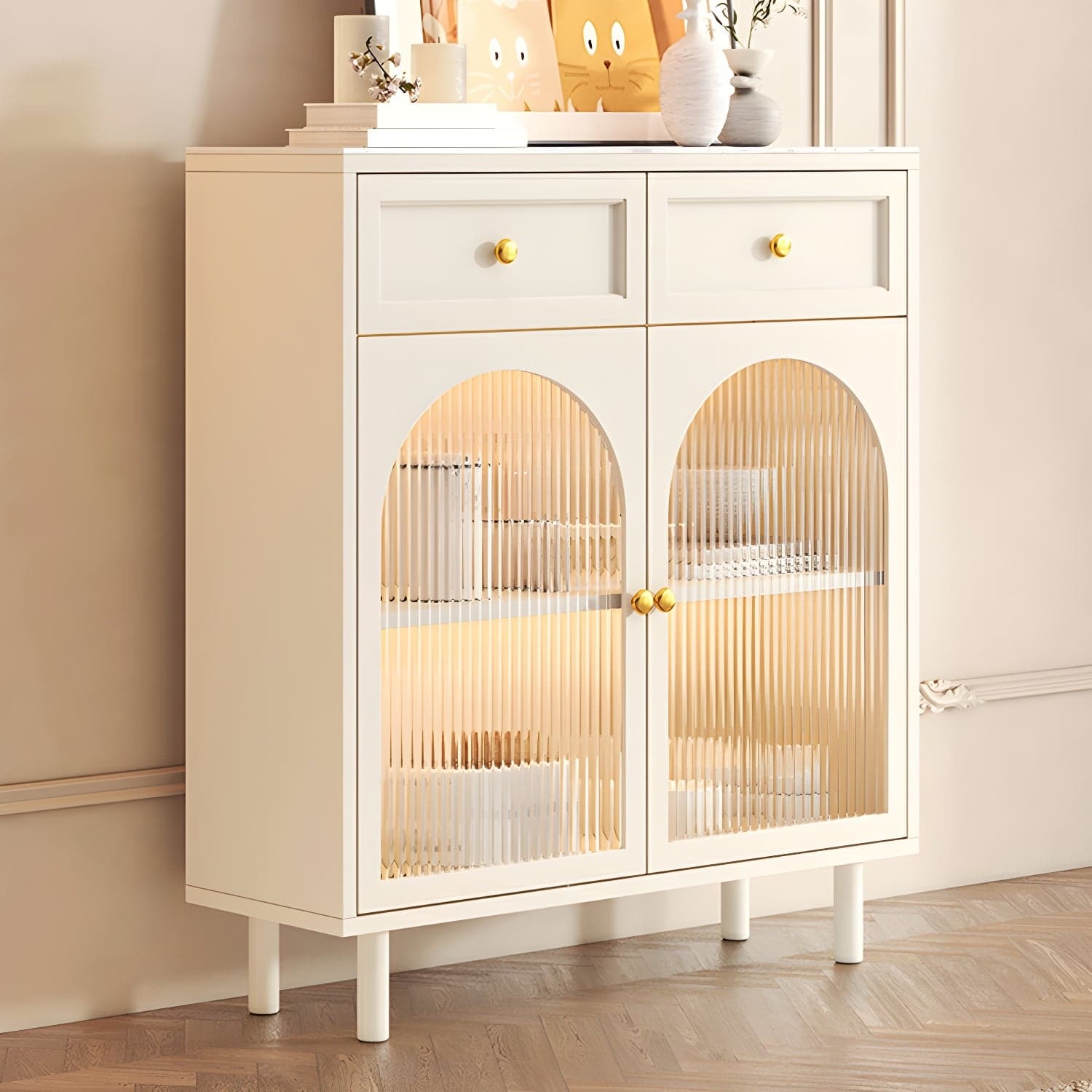 Scandinavian Wood Sideboard with Stone Countertop and Glass Doors - image 3