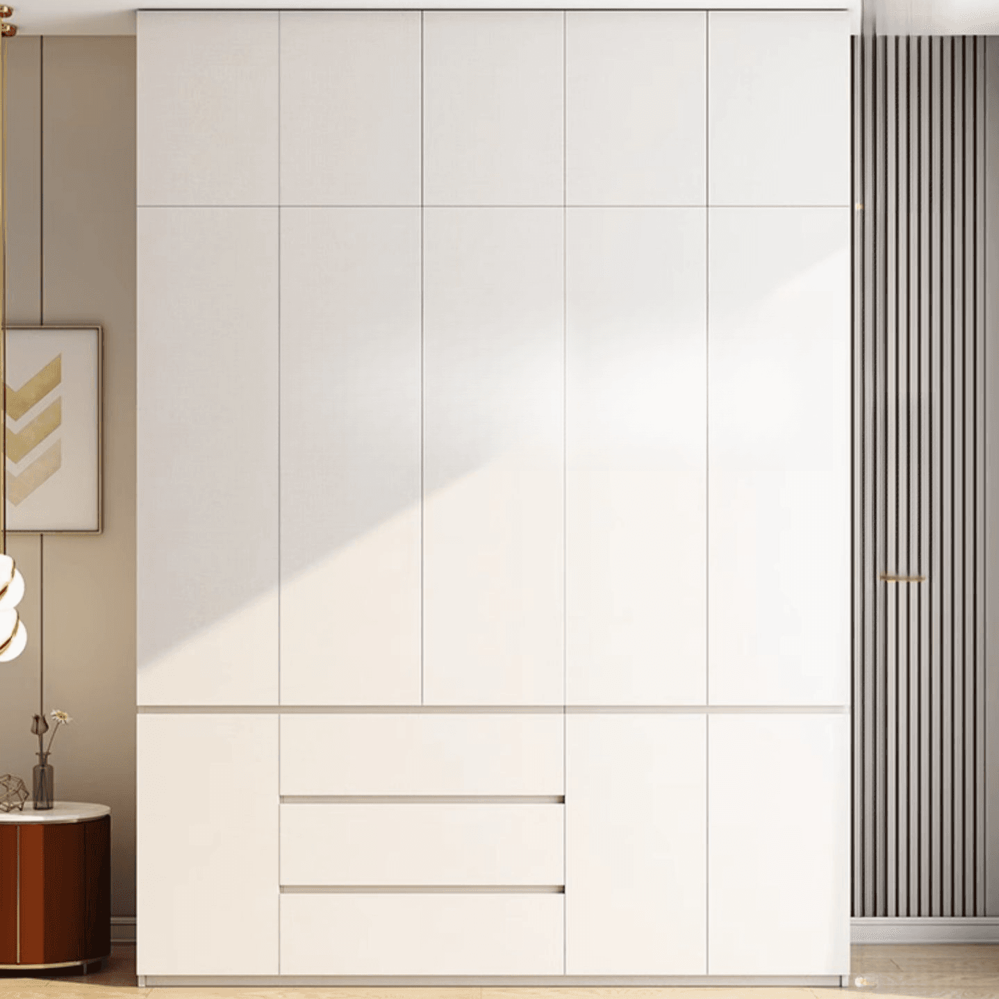 Minimalist Chalk Wooden Cabinet Armoire with Soft Close Drawer, Soft Close Door, Interior Shelves, and Clothing Rod