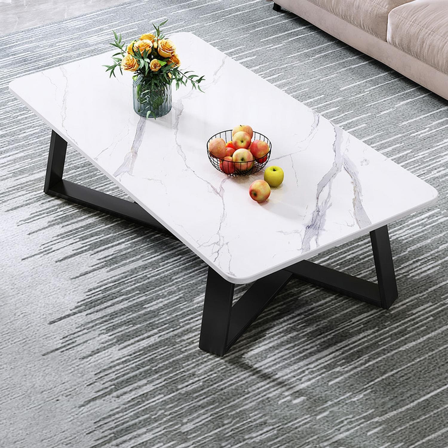 Black Iron Base Stone Top Modern Coffee Table with Cross Legs - image 3