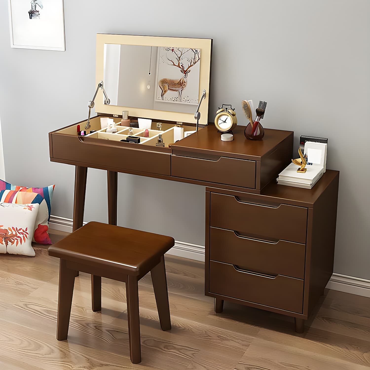 Solid Wood 1/4-Drawer Vanity Makeup Table with Mirror and Stool - 17.72" D - image 7