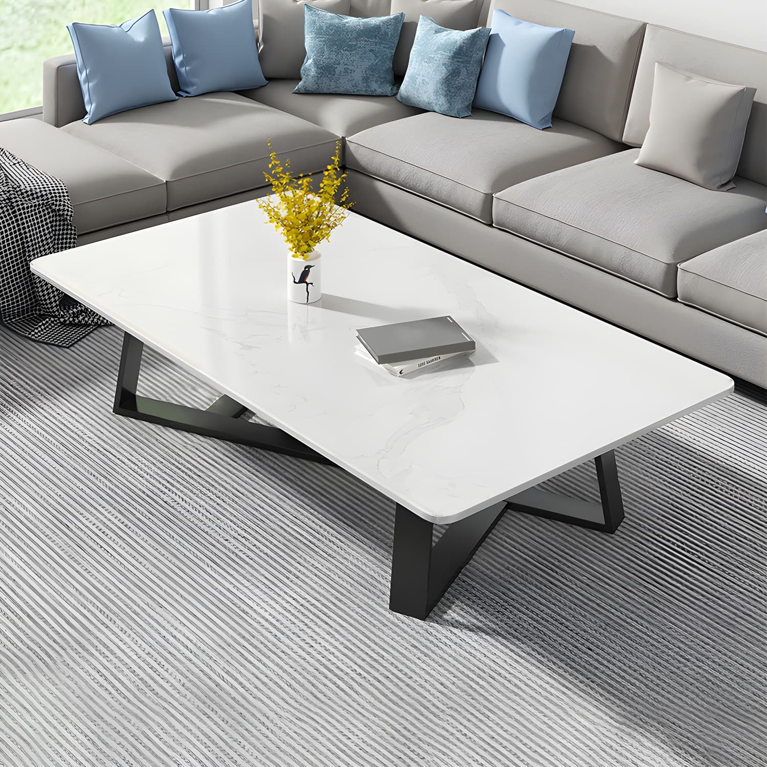 Stone and Metal Coffee Table Contemporary Coffee or End Table with Cross Legs - image 17