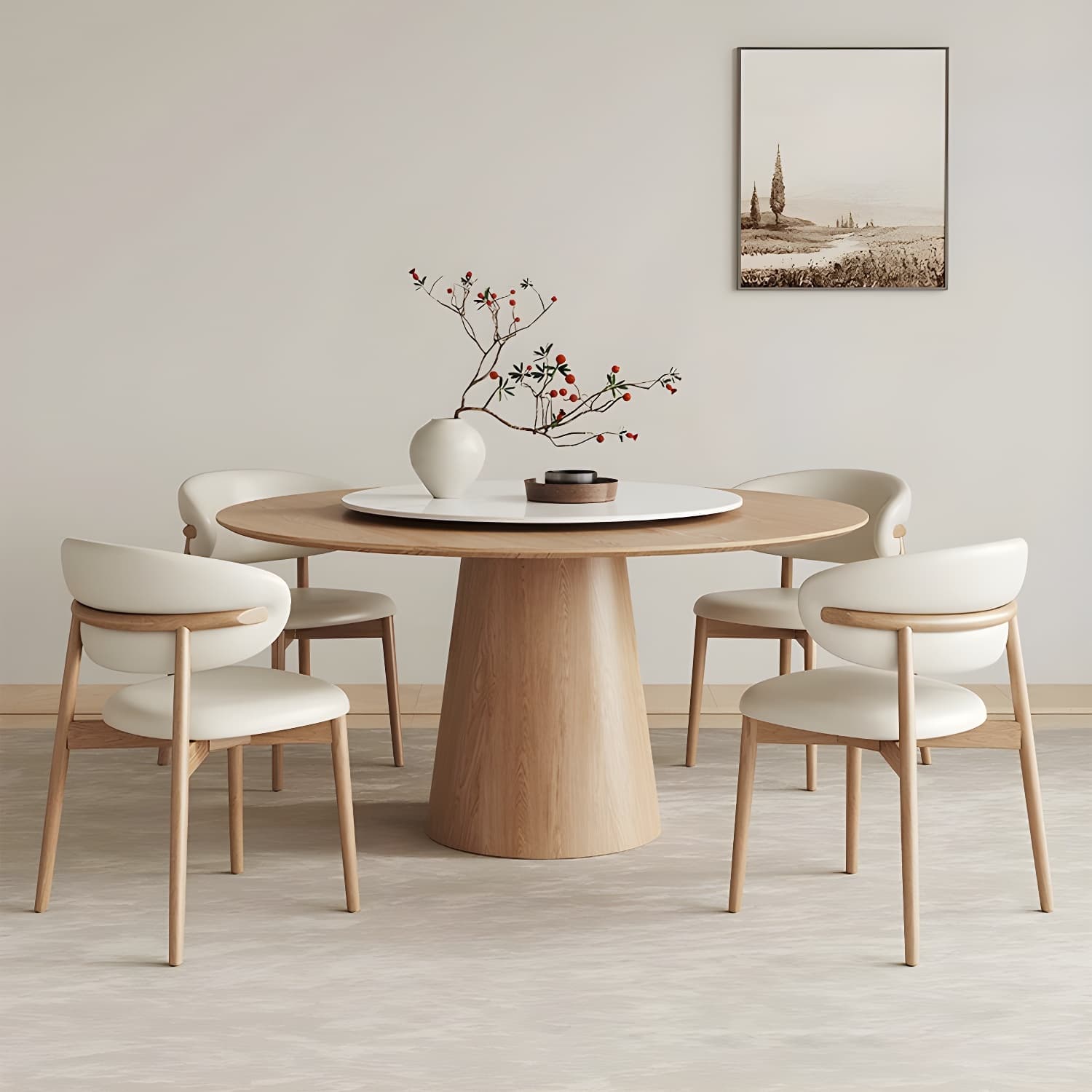 Solid Wood Round Top Dining Table Set with Cushioned Chair for Home
