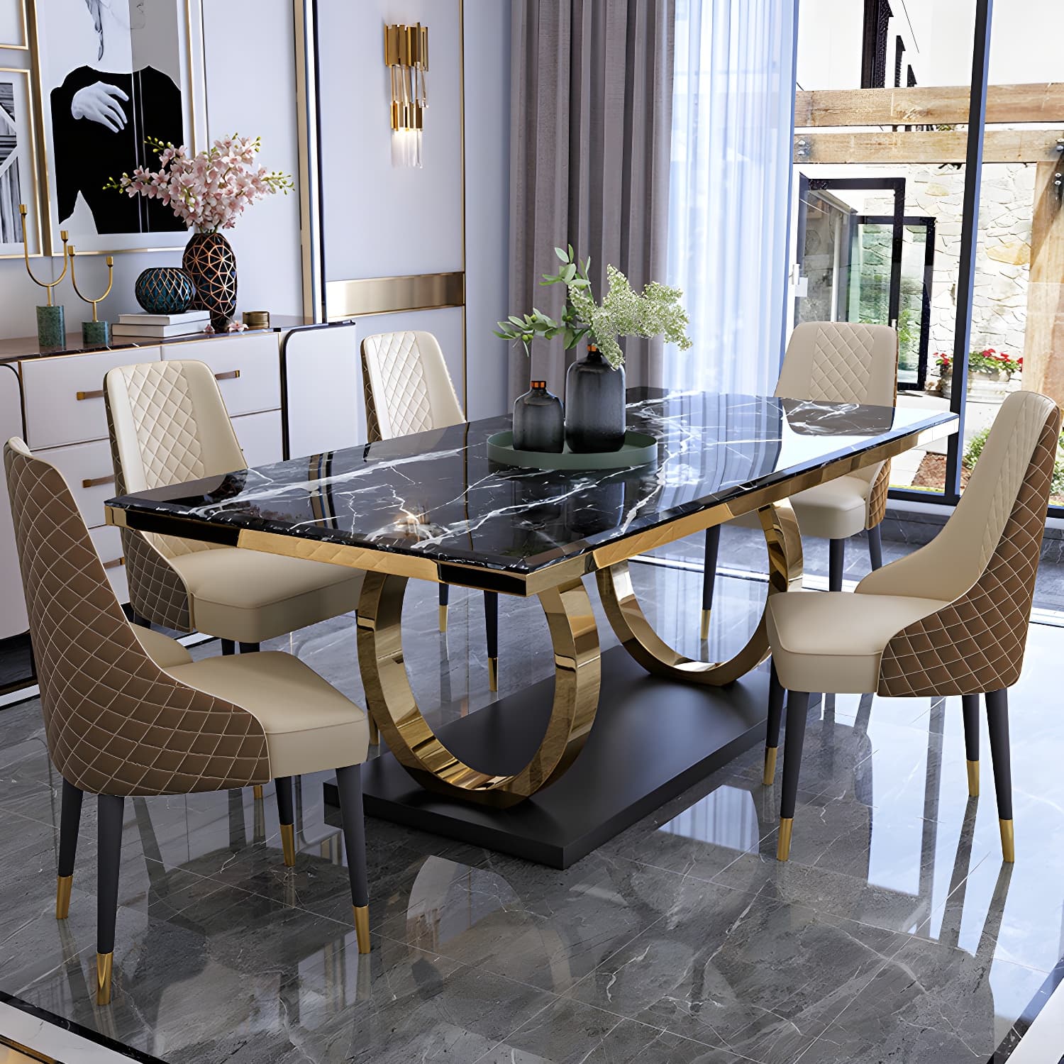 Modern 1/4/5/6/7 Pieces Black Dining Table Set with Marble Top Rectangle Dinette Set - image 4