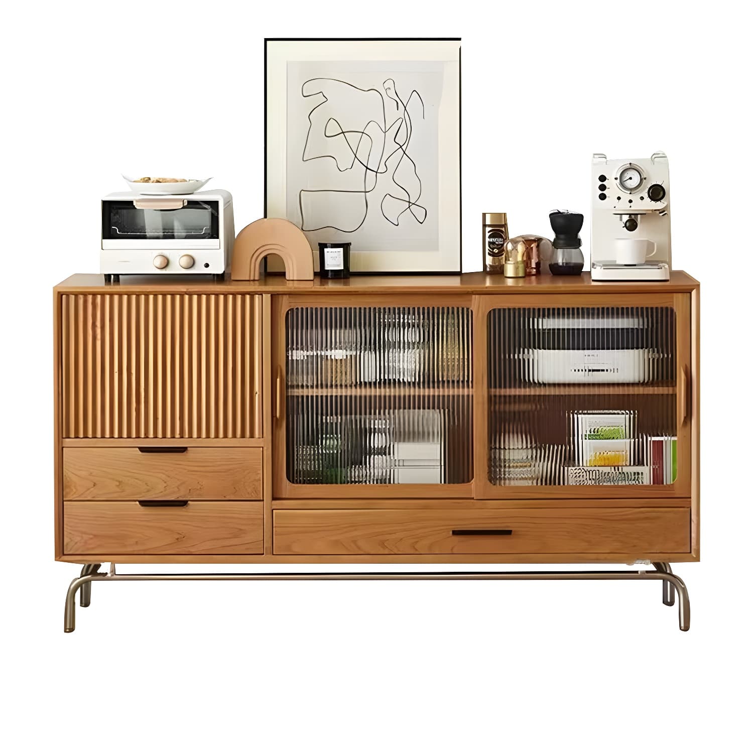 Solid Wood Sideboard Table Natural Adjustable Shelves Credenza with Glass Door - image 5