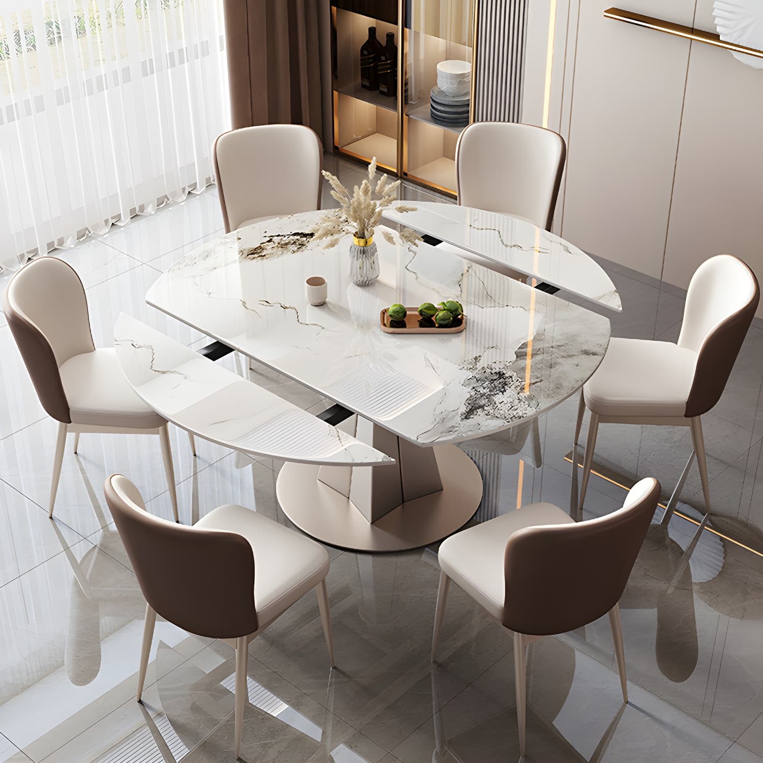 Round Metal Dining Set in White with Gold Pedestal Base and Self-Storing Leaf - 5 Piece Set - image 5
