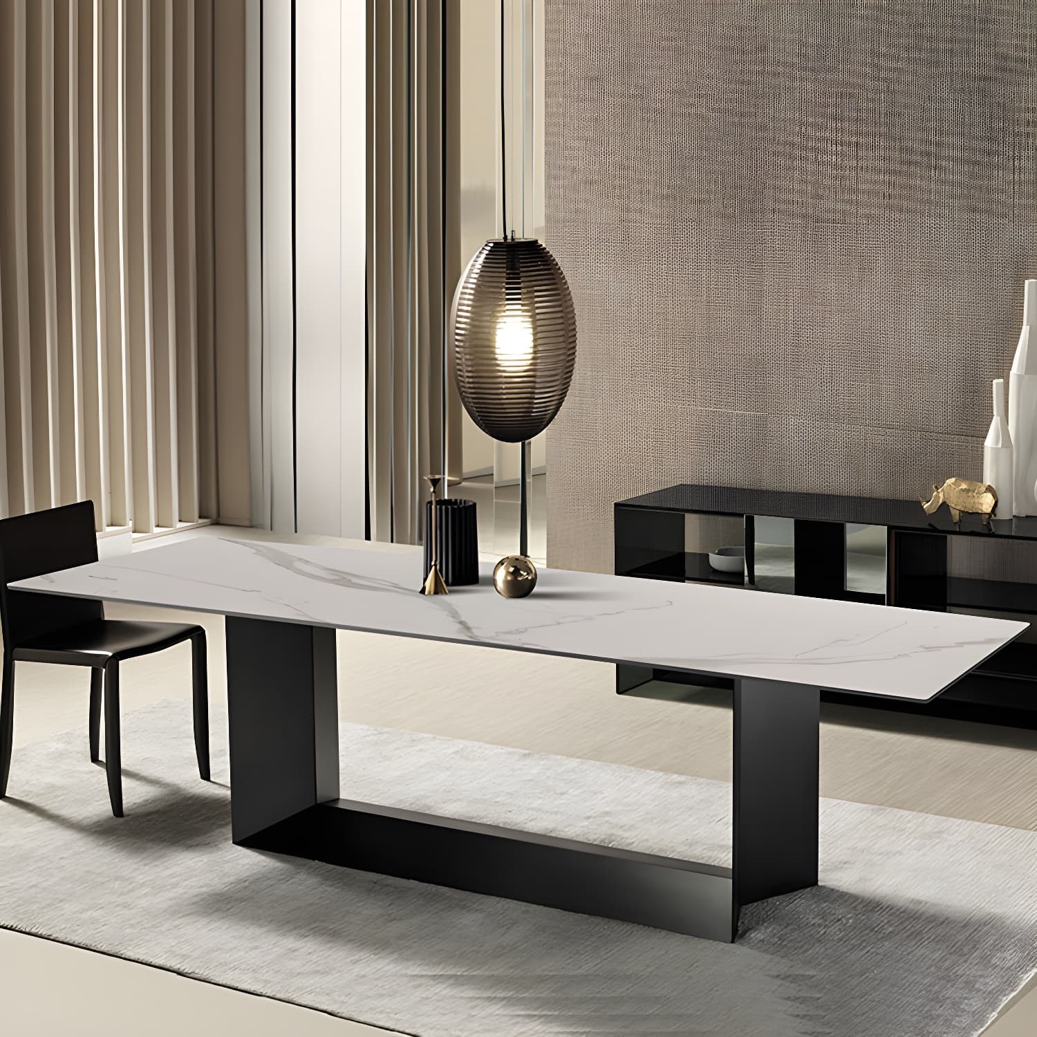 Rectangle Stone and Metal Dining table Modern Trestle Base Dining Table - image 10