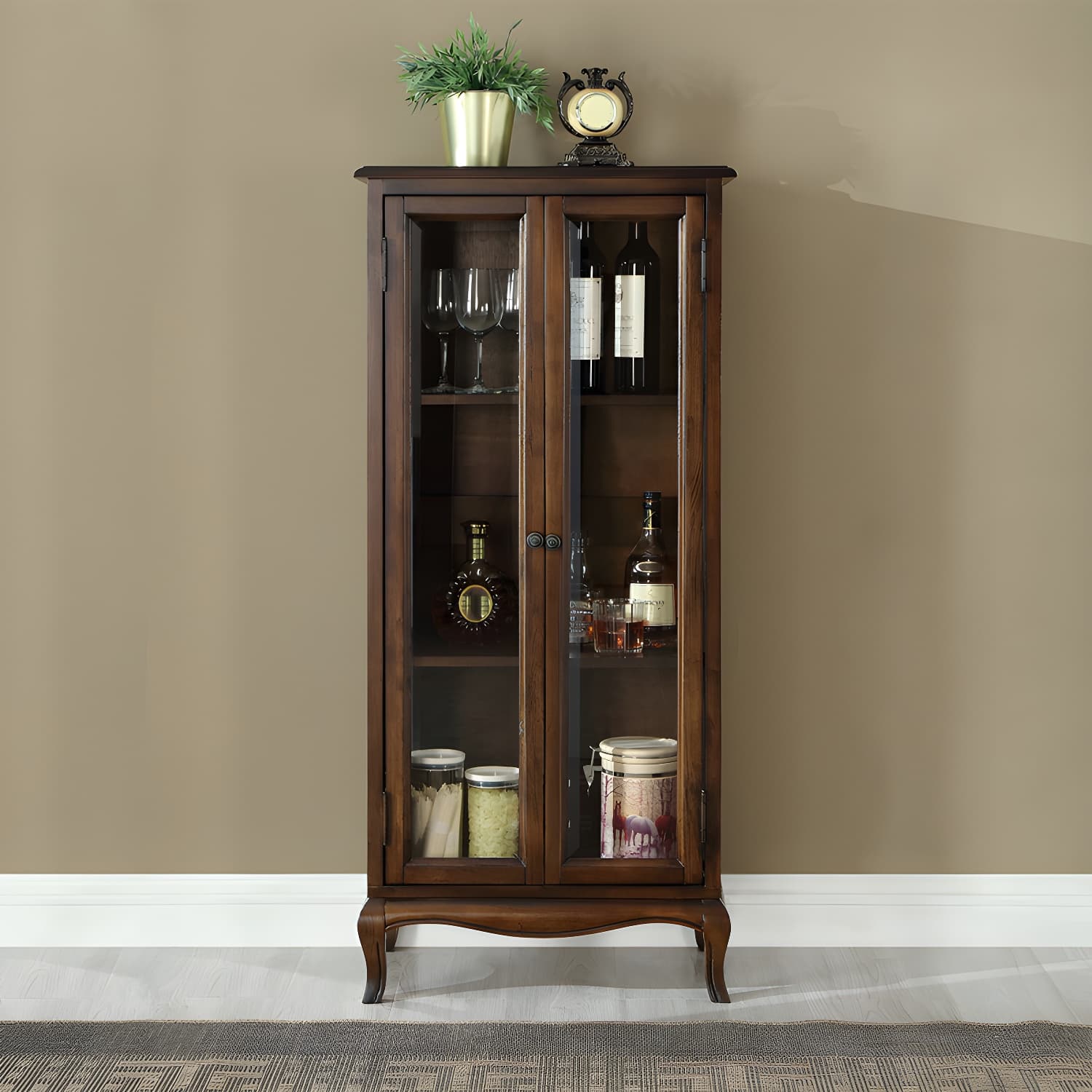 Mid-century Modern 51.18" Tall Glass Paned Accent Cabinet, Wooden Rectangle Cabinet