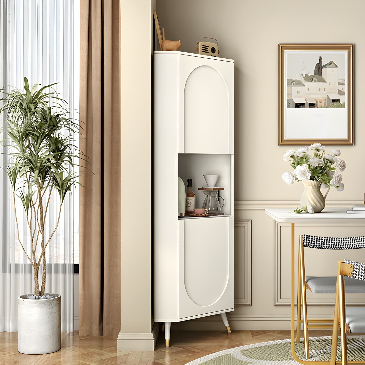 Modern White Corner Accent Cabinet with Stone Counter Top, 2 Cabinets, and 6 Shelves