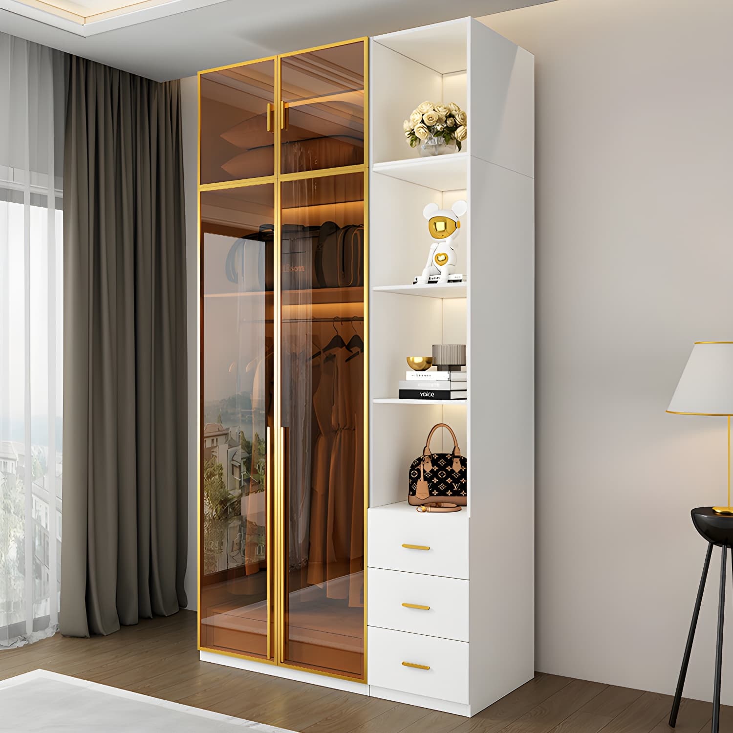Modern White Wood Frame Wardrobe Armoire Freestanding Wardrobe with Soft Close Drawers