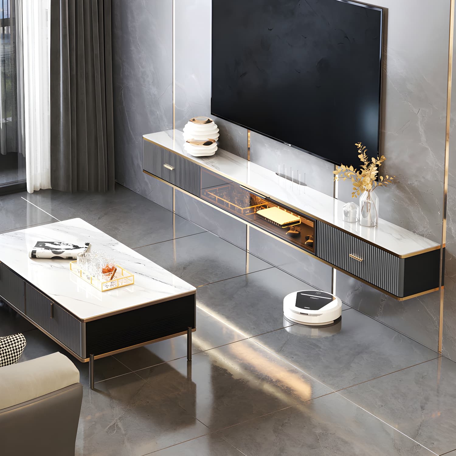 Glam Floating TV Media Stand with Drawers Stone and Wood TV Stand - image 14