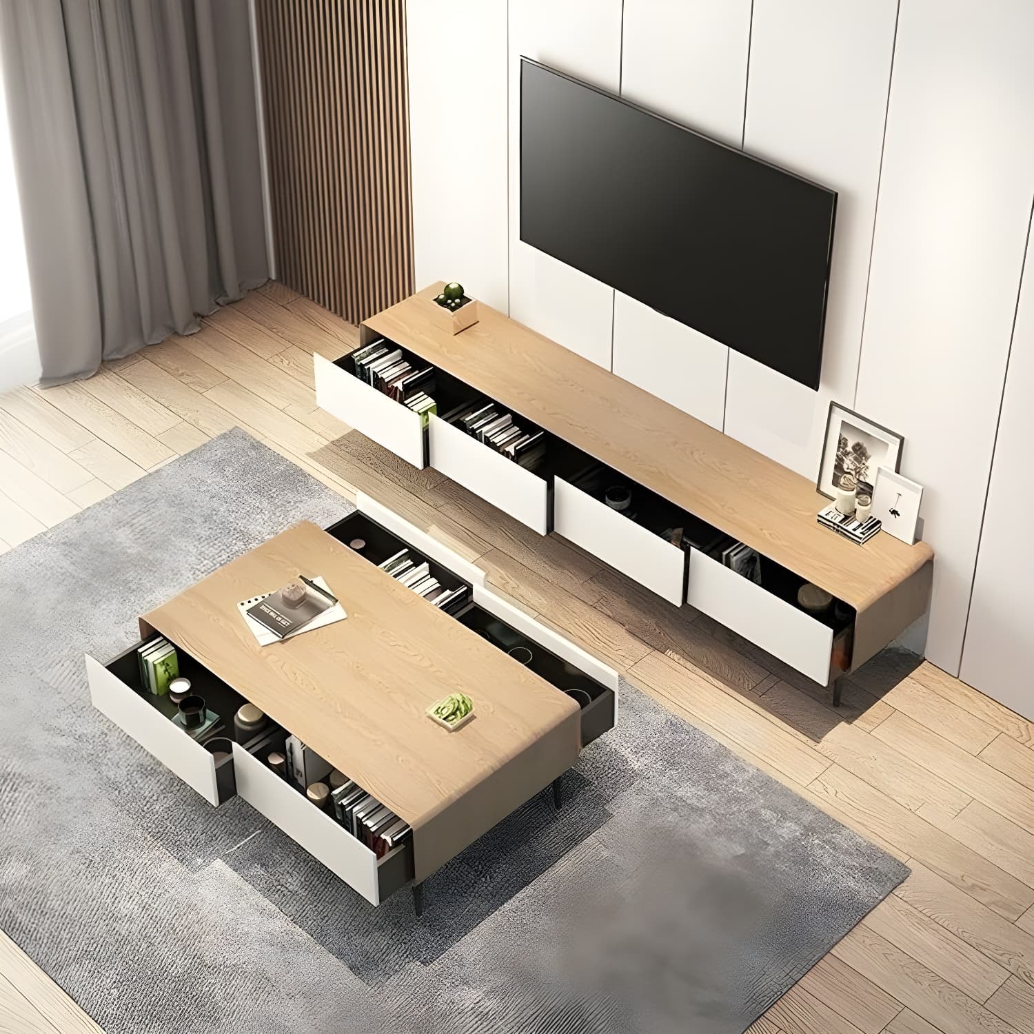 Modern Wooden Long and Low TV Stand with 4 Drawers, No Assembly Required, Dark Tone - image 19