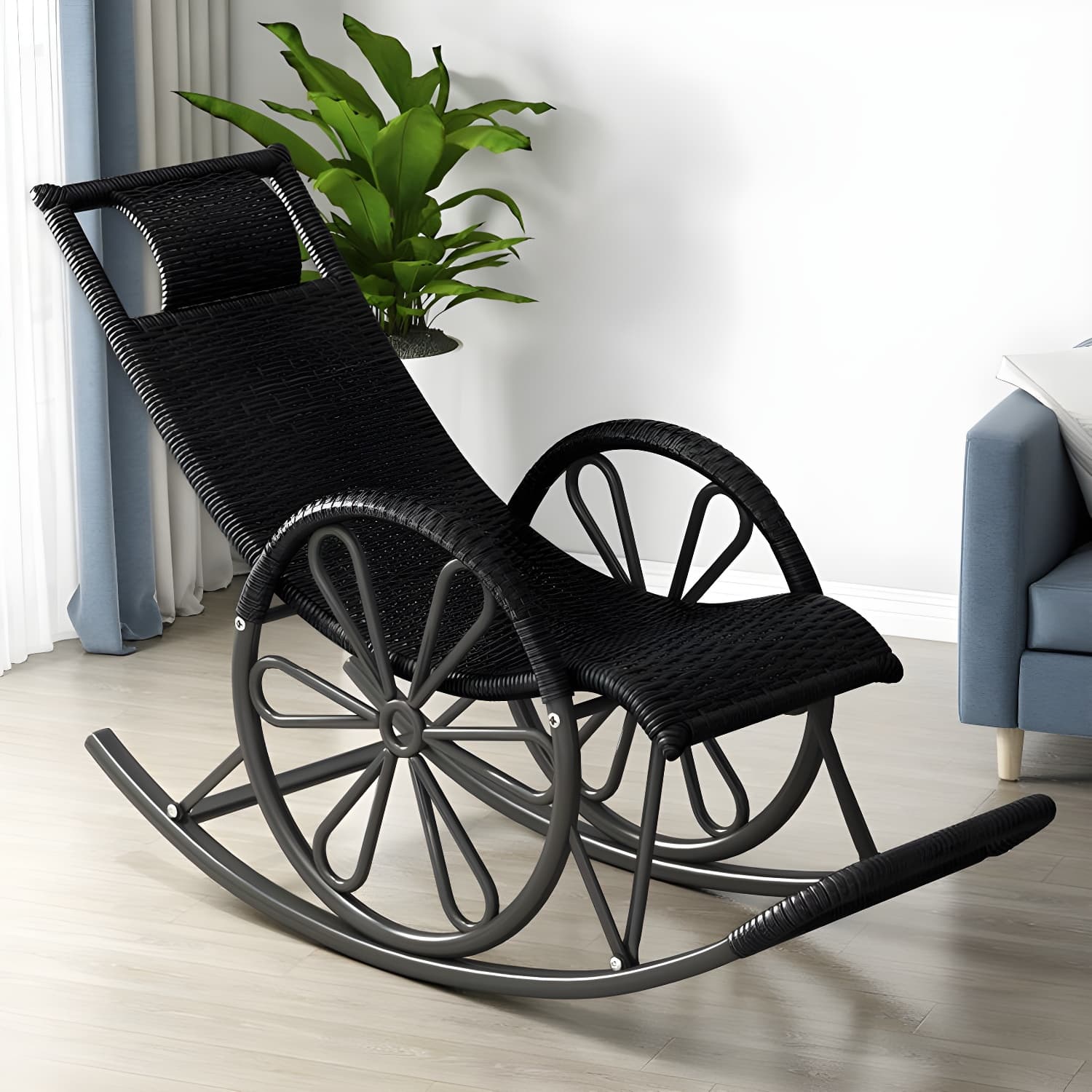 Rattan Modern Rocking Chair Woven Rope Rocker Chair in Black