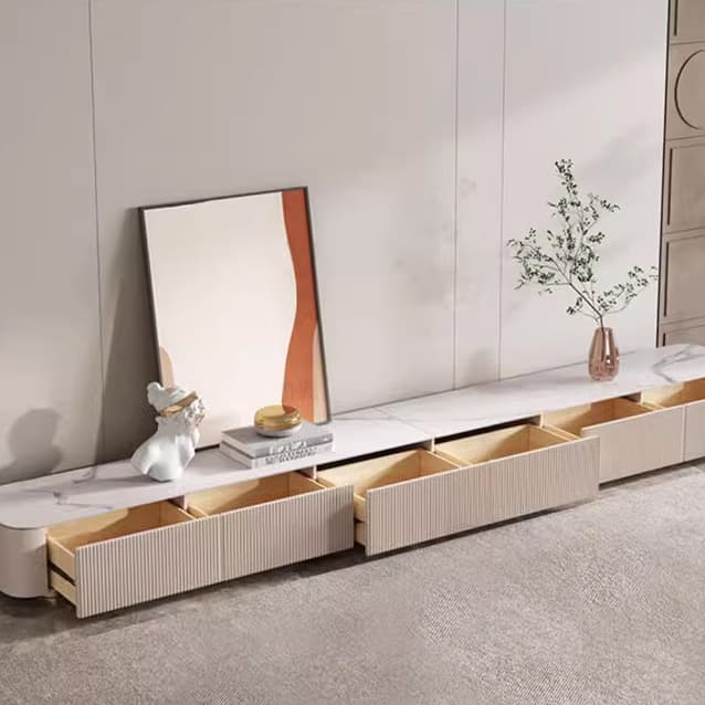 White Modern TV Stand with Low Height, Stone Material & Drawers for Full Assembly - image 3