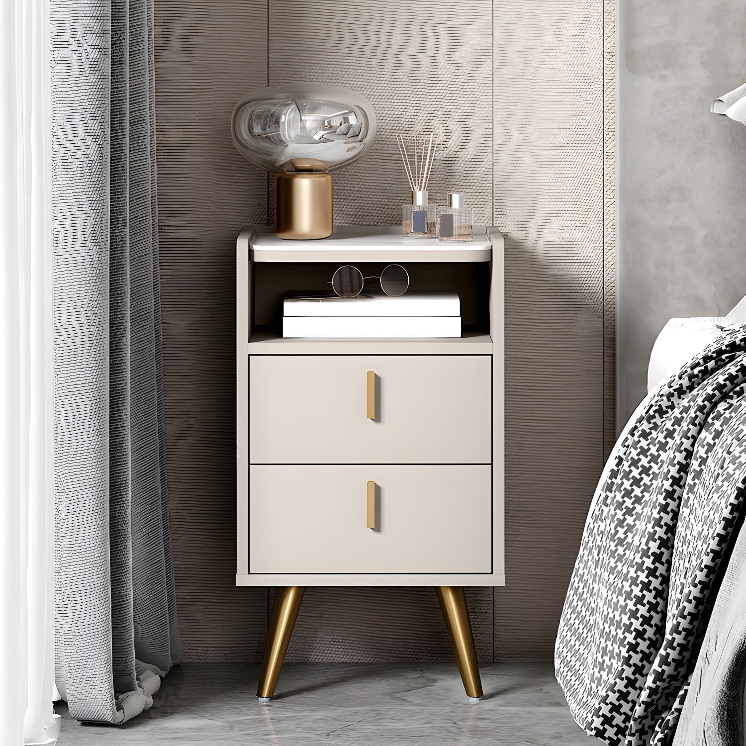 Stone Top Nightstand Modern Open Stoarge Drawer Legs Included Bed Nightstand
