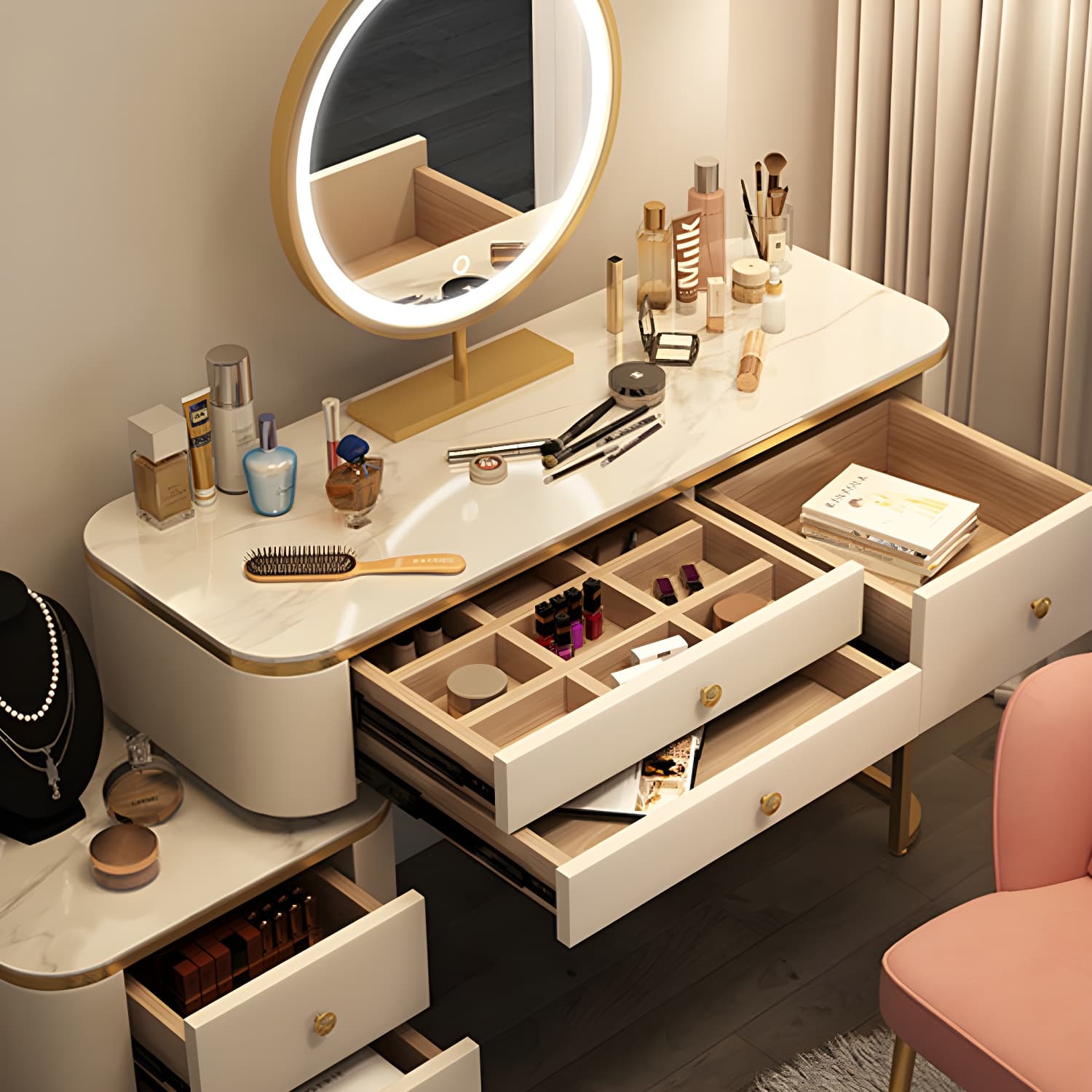 Scandinavian Wooden Vanity Desk in White Modern with Drawers Dressing Table - image 8
