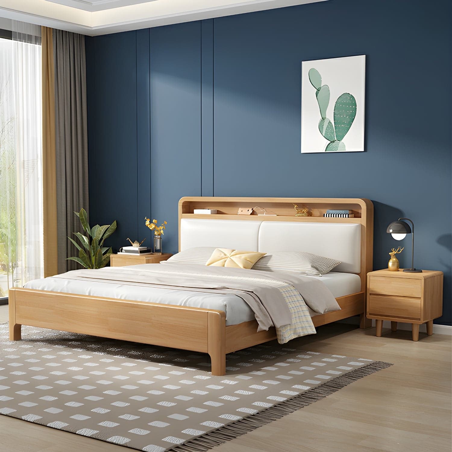Scandinavian Solid Wood Bed with Four Legs and Upholstered Headboard