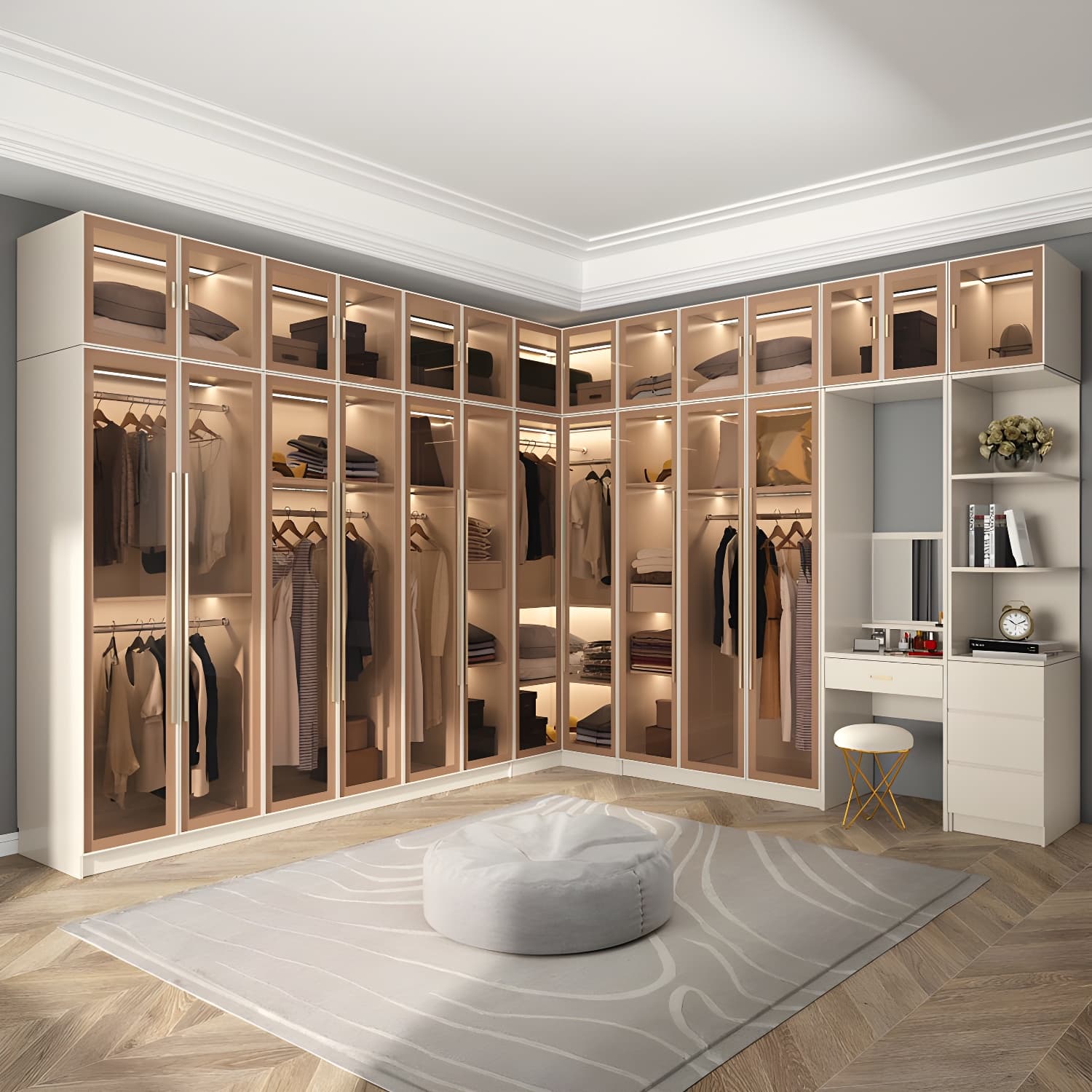 Glass and Wood Wardrobe Cabinet with Shelves Modern Wardrobe Closet