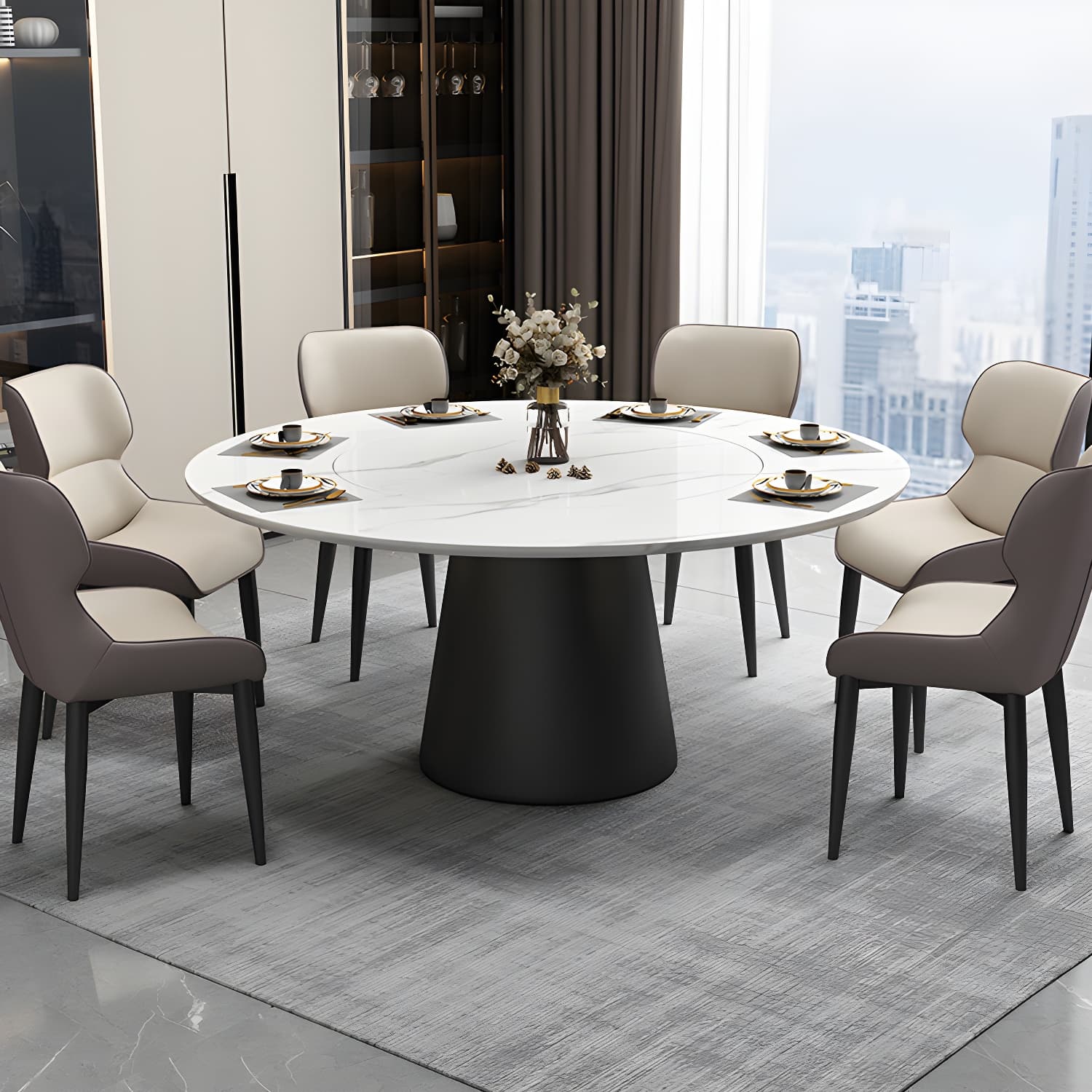 Modern Round Dining Table White and Black Metal Base Convertible Dining Table - image 4