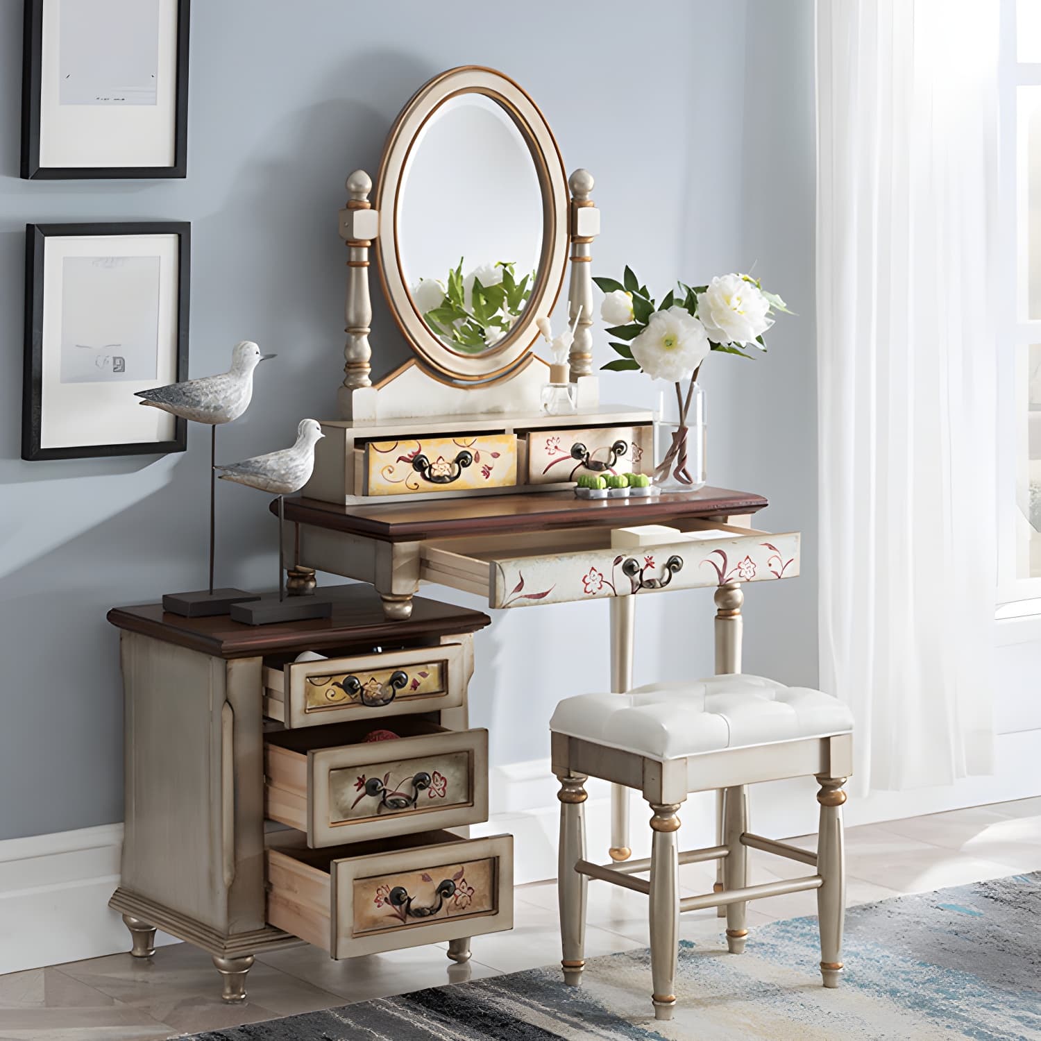 Victorian Wood Vanity Table with Mirror and Stool 15.75" D Vanity Table Set - image 14