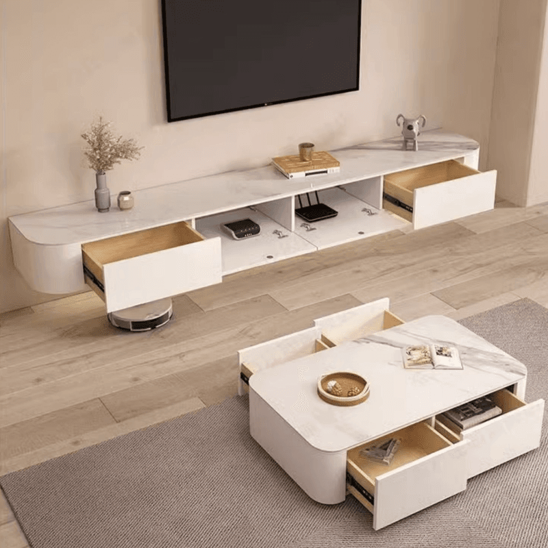 White Wall Hung Art Deco TV Stand with 2 Drawers, 2 Cabinets, and Cable Management - image 3