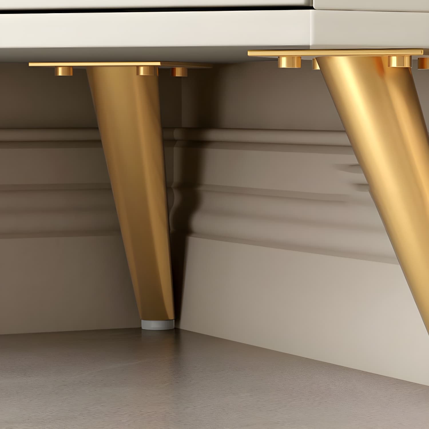 Modern Corner Accent Cabinet with White Wood Countertop, Glass Doors, and Gold Metal Base - image 9