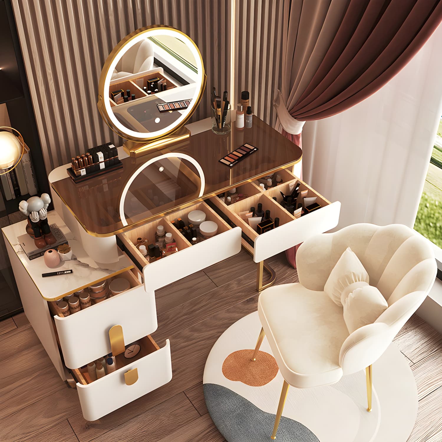 Glass Top Make-up Vanity Wood Dressing Table with Storage Drawers - image 3