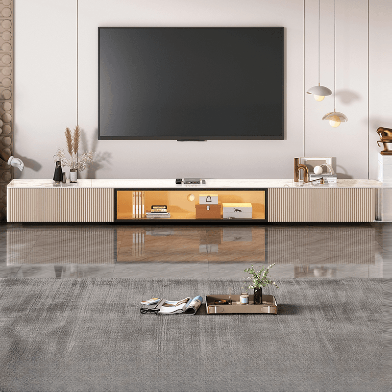 Art Deco Sintered Stone Rectangular TV Stand with 2 Drawers, Hutch, Cable Management, and Light - image 3