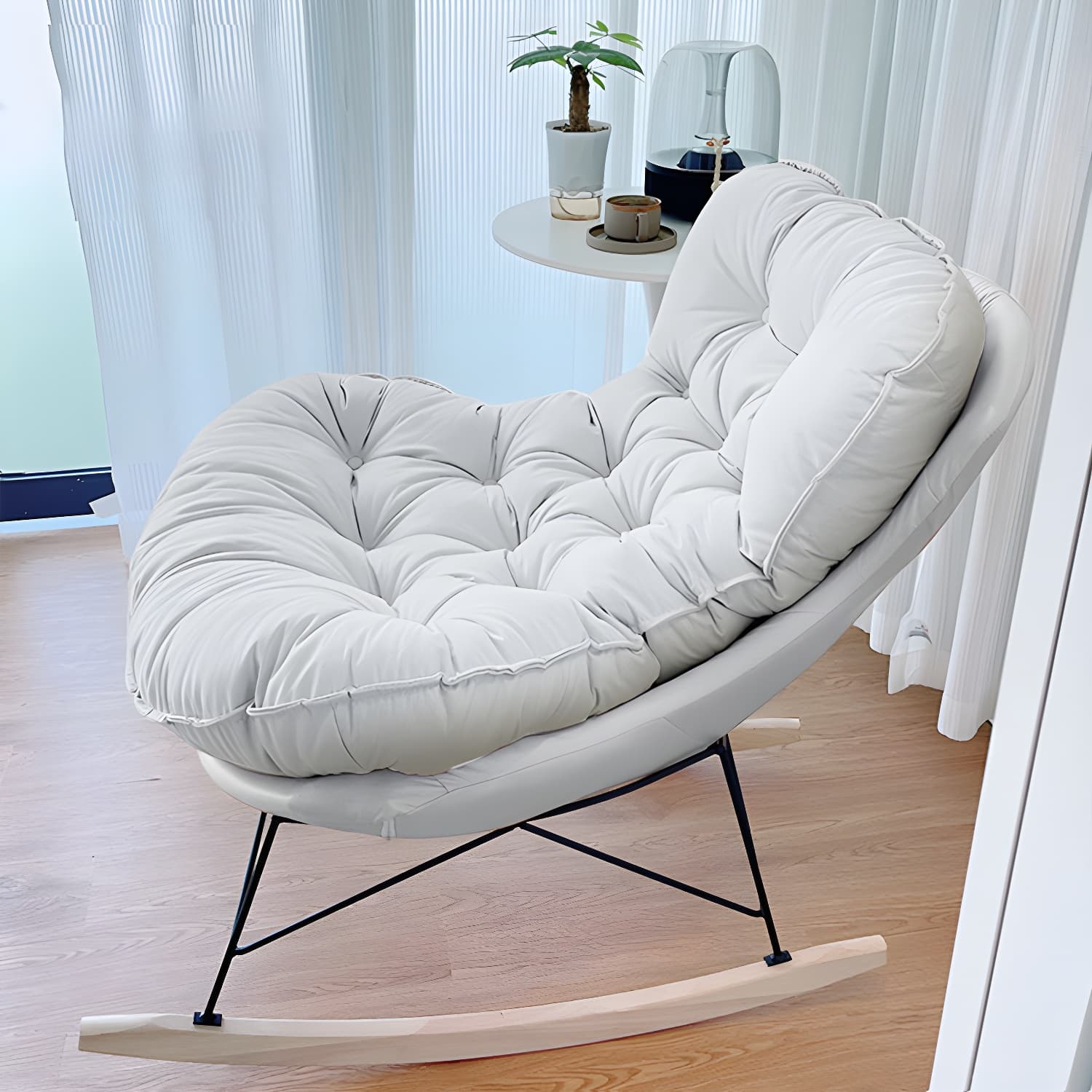 Modern Upholstered Rocking Chair with Tufted Seat - Natural Wood Legs and Armless Design - image 5