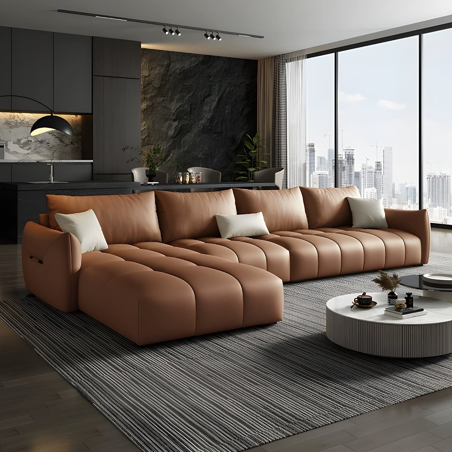 Modern L-Shape Wood Frame Tufted Sectional Sofa Chaise in 3 Piece Set