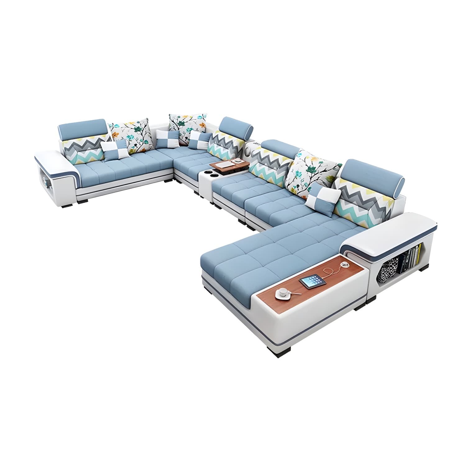 Scandinavian Blue Sectional Sofa with Wood Frame, Cushion Back, and Storage Included with Shelves - image 15