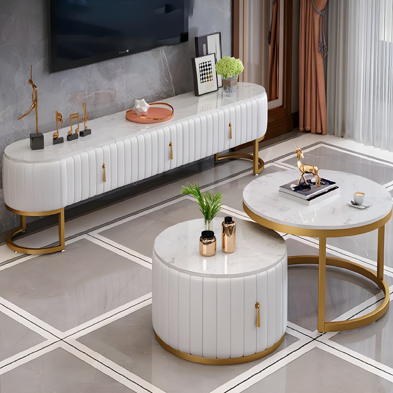 Scandinavian TV Stand Imitation Marble Enclosed Storage TV Console with Drawers - image 9