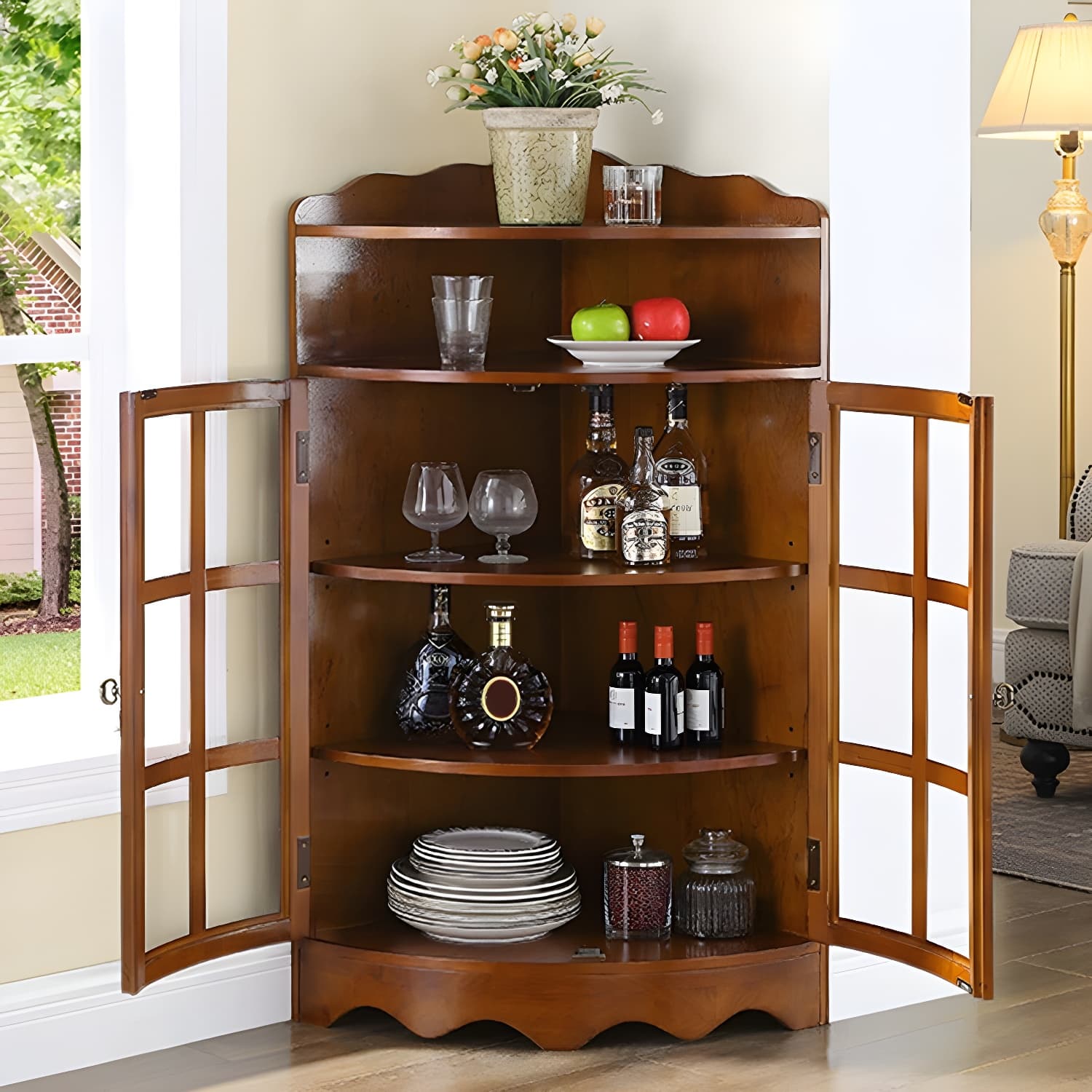 Mid-Century Modern Corner Accent Cabinet with Brown Wood Countertop, Glass Door & Cabinet Storage - image 4