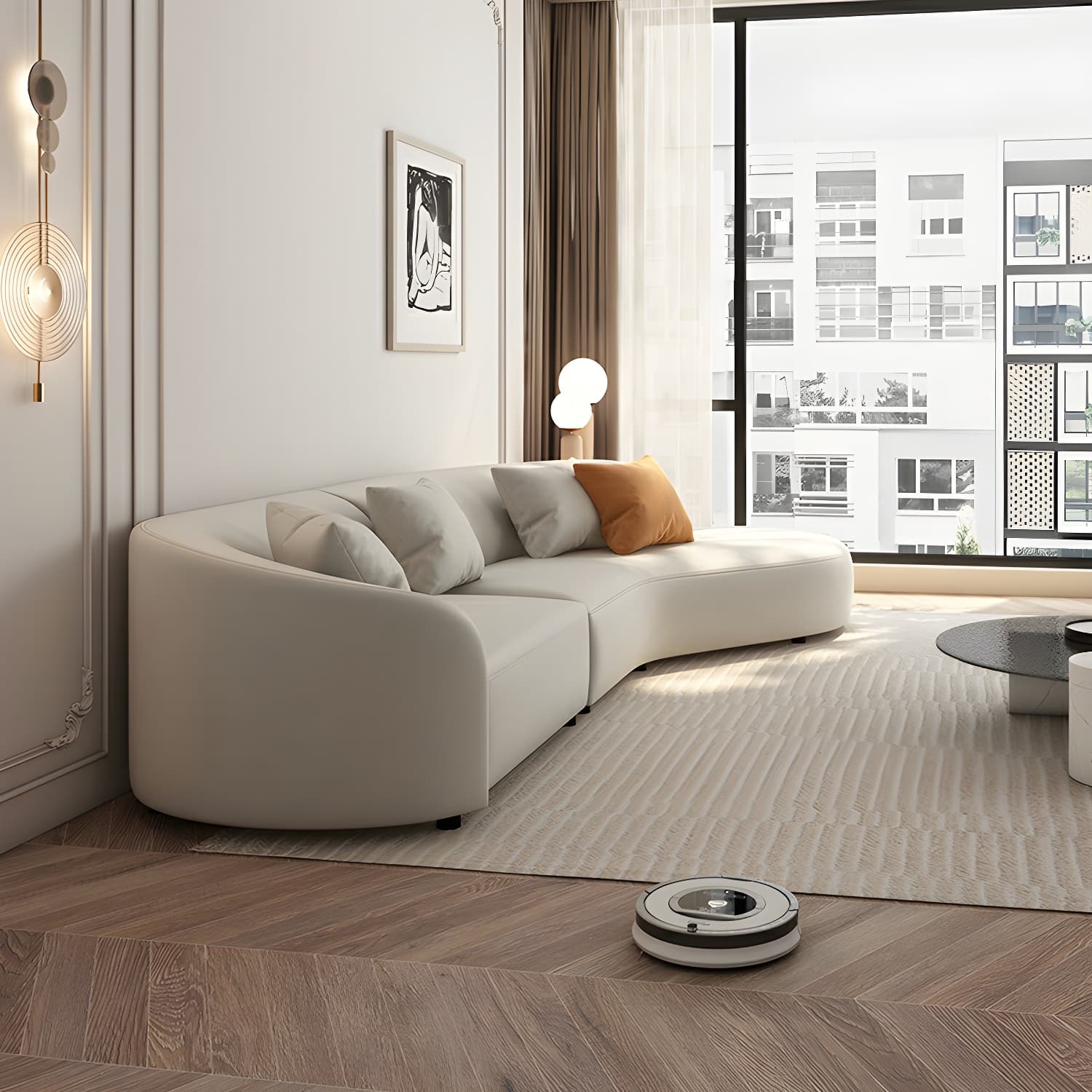 Modern Beige Tech Cloth Stationary Sectional Sofa with Wood Frame and Flared Arms - image 12