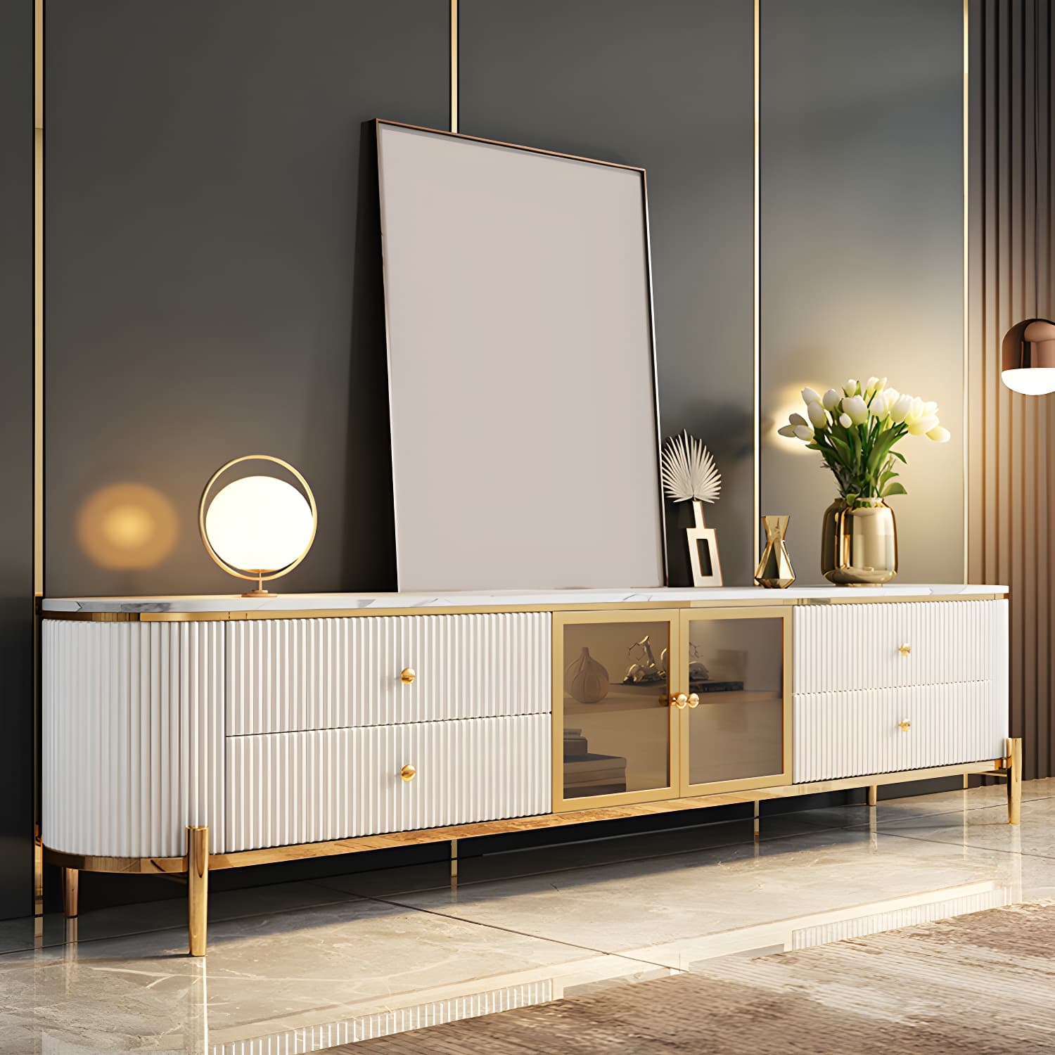Modern TV Media Console Stone TV Stand Console with 4 Drawers - image 4