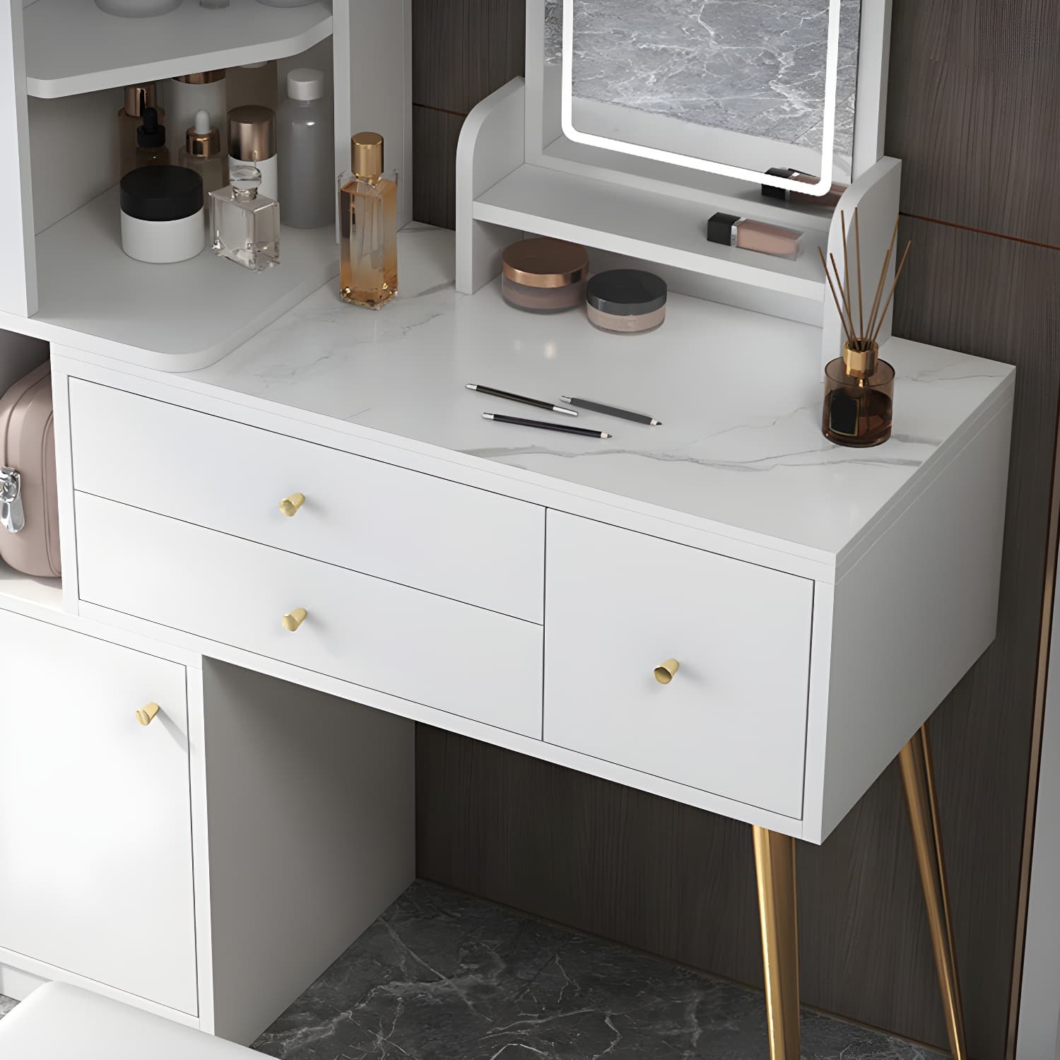 Glam Style Wood-based Material White/grey Dressing Table with Drawers and Storage Shelves - image 8