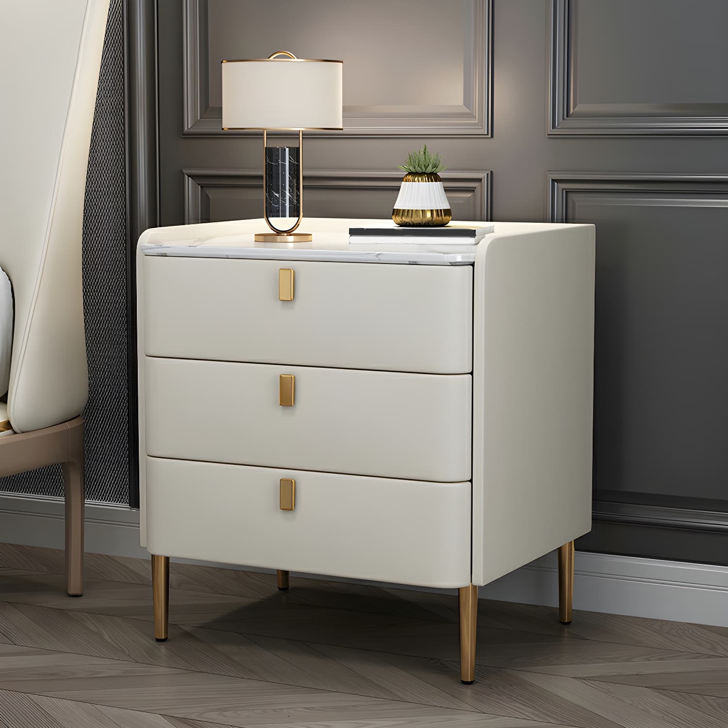 Glam Style Sintered Stone Top Drawer Storage Nightstand for Bedroom