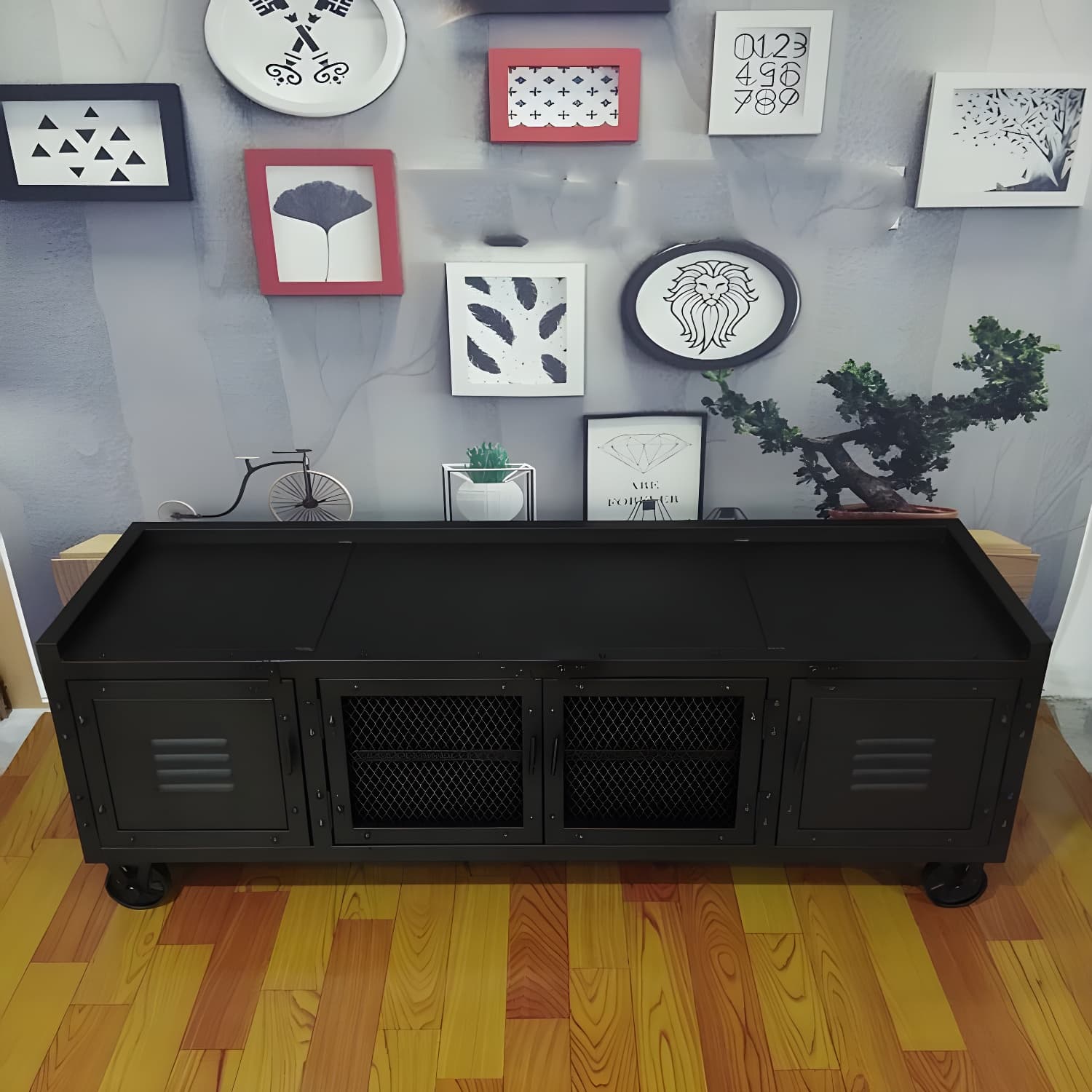 Metal Black TV Cabinet Industrial Style Home TV Stand Console with Casters