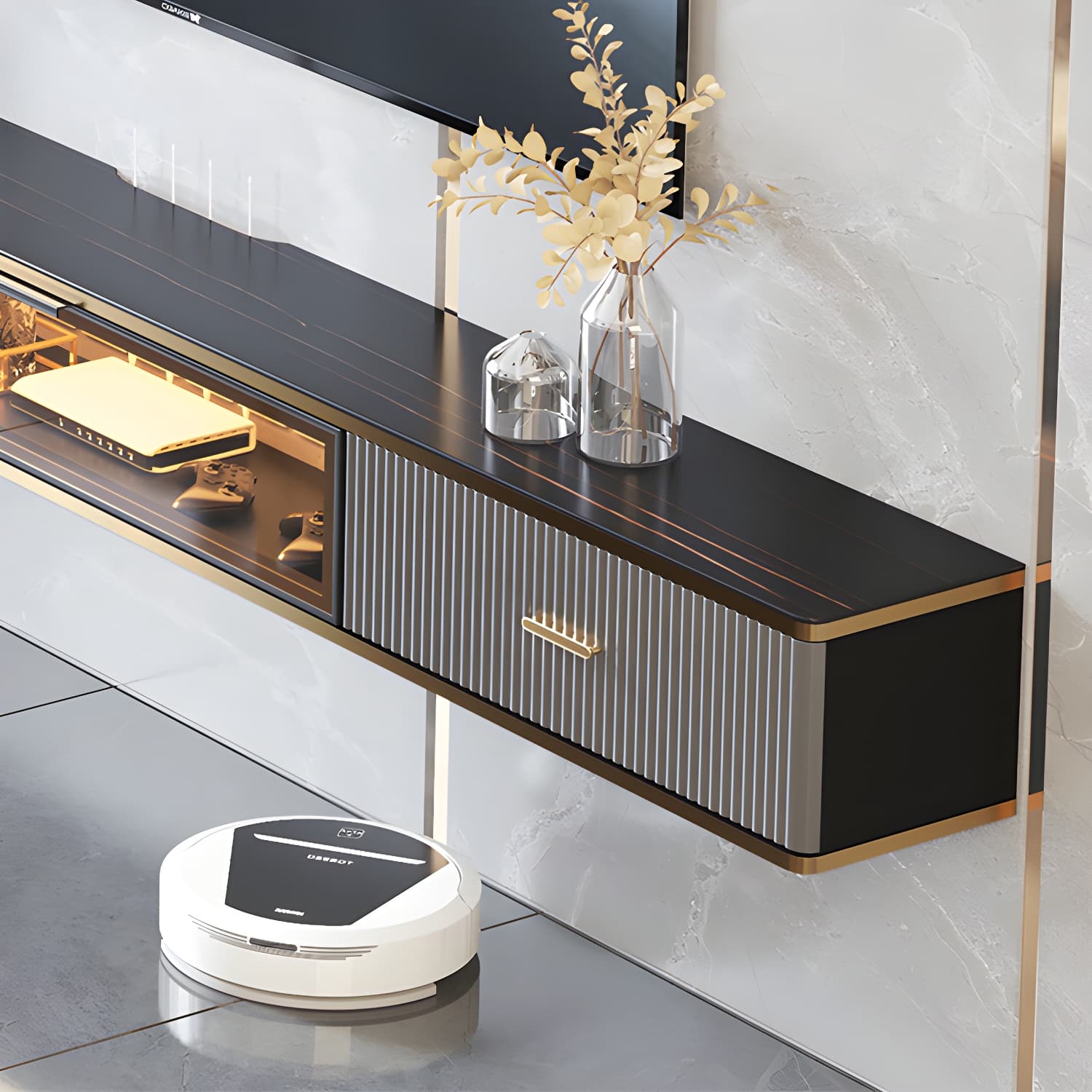 Glam Stone Wall-mounted TV Stand 2 Drawers and 1-Door TV Cabinet - image 11