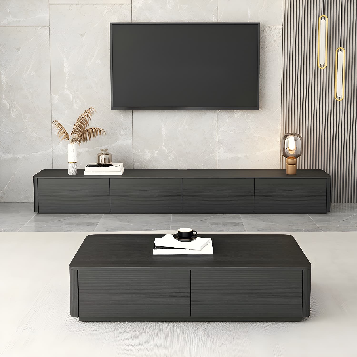 Black Wood TV Stand with Drawers and Cable Management – Modern Style and Low Height