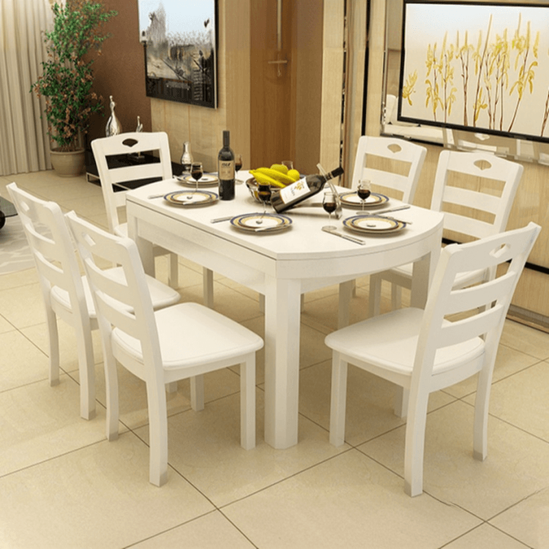 Dining Table Set with Rounded Wood Slab Top, 4 Legs, Drop Leaf, Back Seat, in White/Auburn/Amber Color - image 6