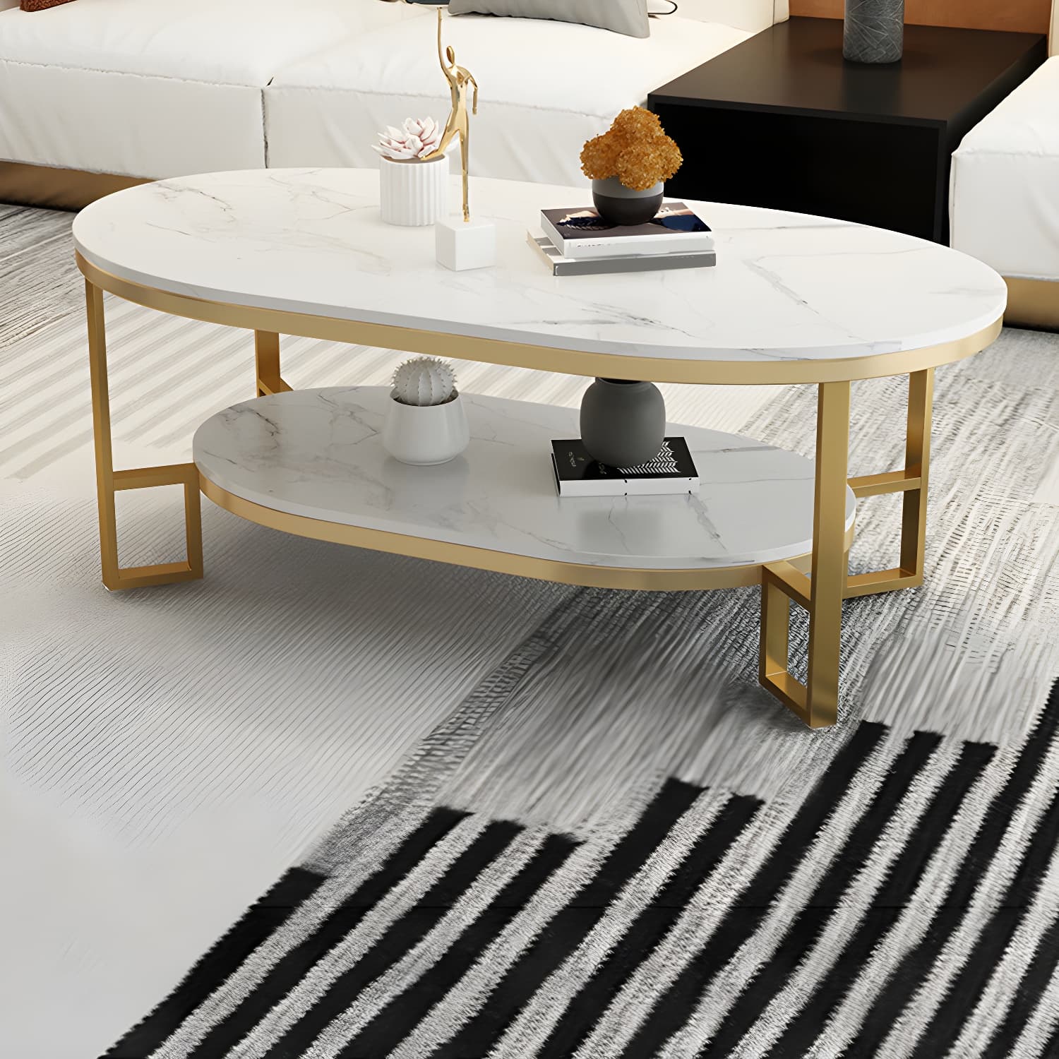 17.72" H Stone/Marble Top Coffee Table Frame Shelf Included Cocktail Table - image 14