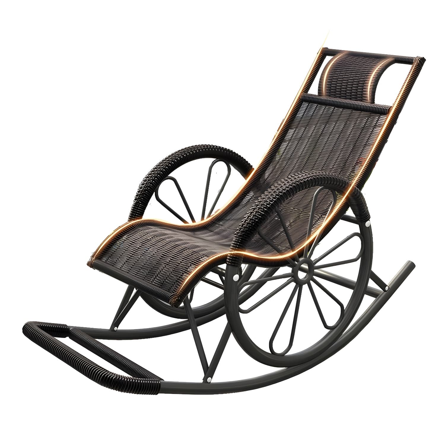 Modern Spindle Rattan Rocking Chair Metal Frame Wheel Handrail Design Rocker Chair - image 18
