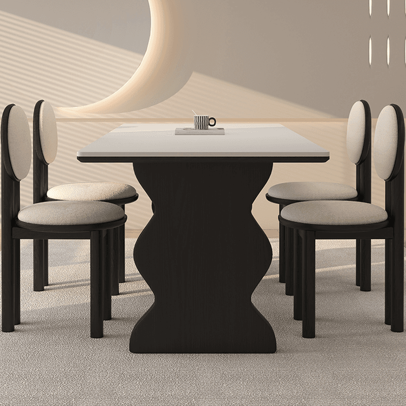 Dining Table Set with Rectangular Shape, Two-sided Pedestal, Fixed Table, Padded Chair with Back, 5-piece in White