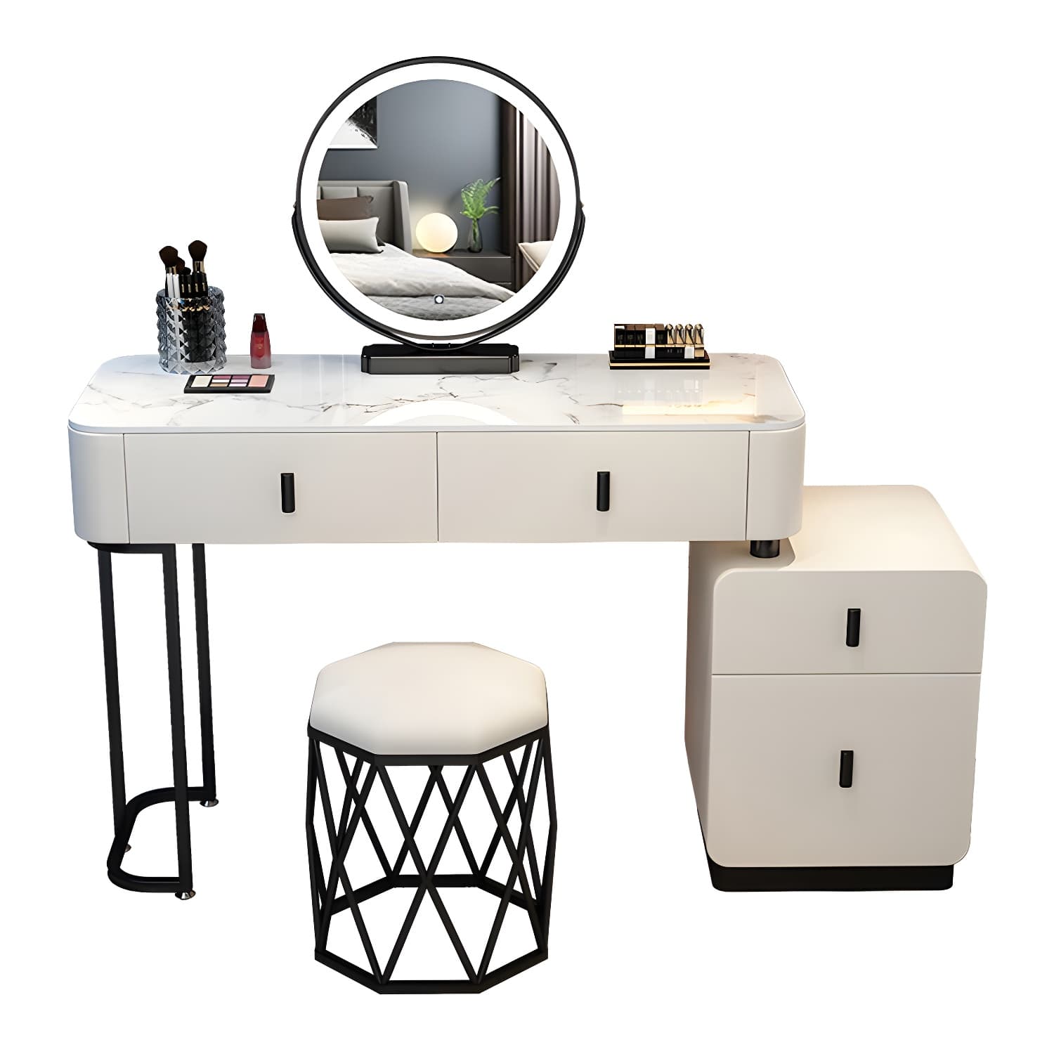 Wood Makeup Vanity Lighted Mirror Vanity Table and Stool Set - image 9