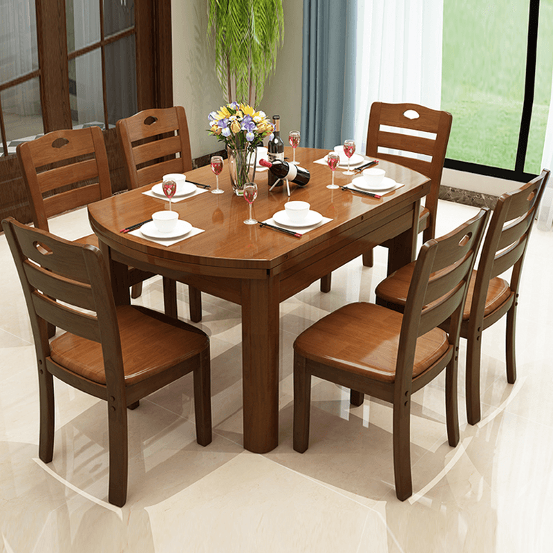 Dining Table Set with Rounded Wood Slab Top, 4 Legs, Drop Leaf, Back Seat, in White/Auburn/Amber Color - image 7