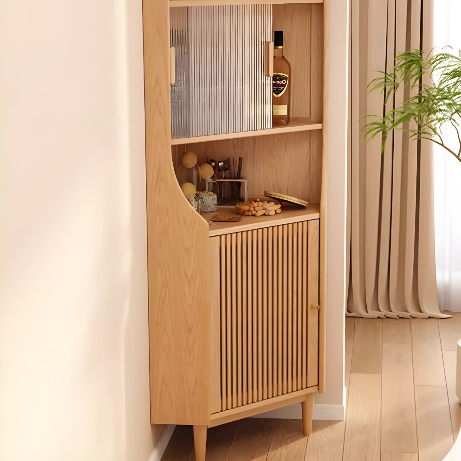 Corner Scandinavian Accent Cabinet with Wood Counter Top and Glass Doors, 2 Exterior Shelves - image 13